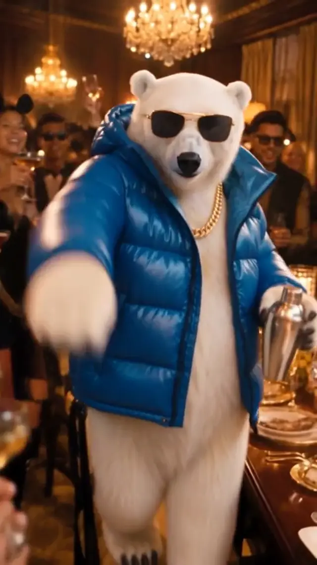 Polar bear in a blue puffer jacket making an entrance at the party