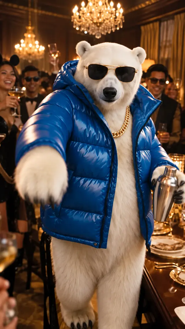 Polar bear in sunglasses and a blue jacket
